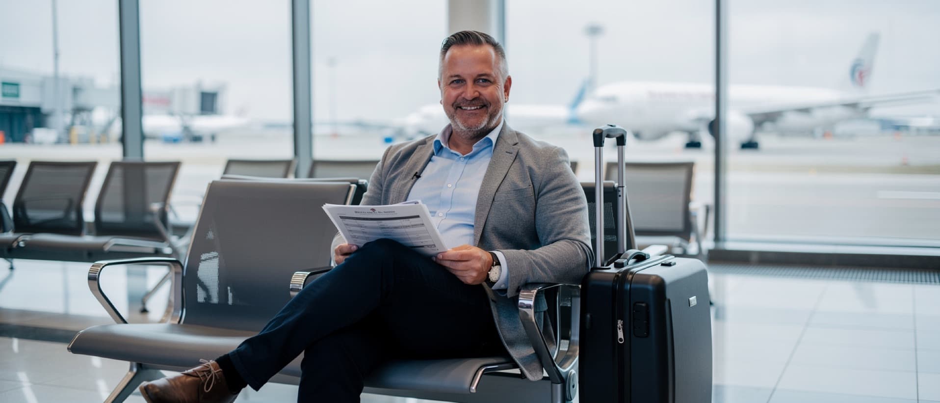 Man with dental clinic paperwork in an airport lounge, for lifetime warranty dental implants abroad
