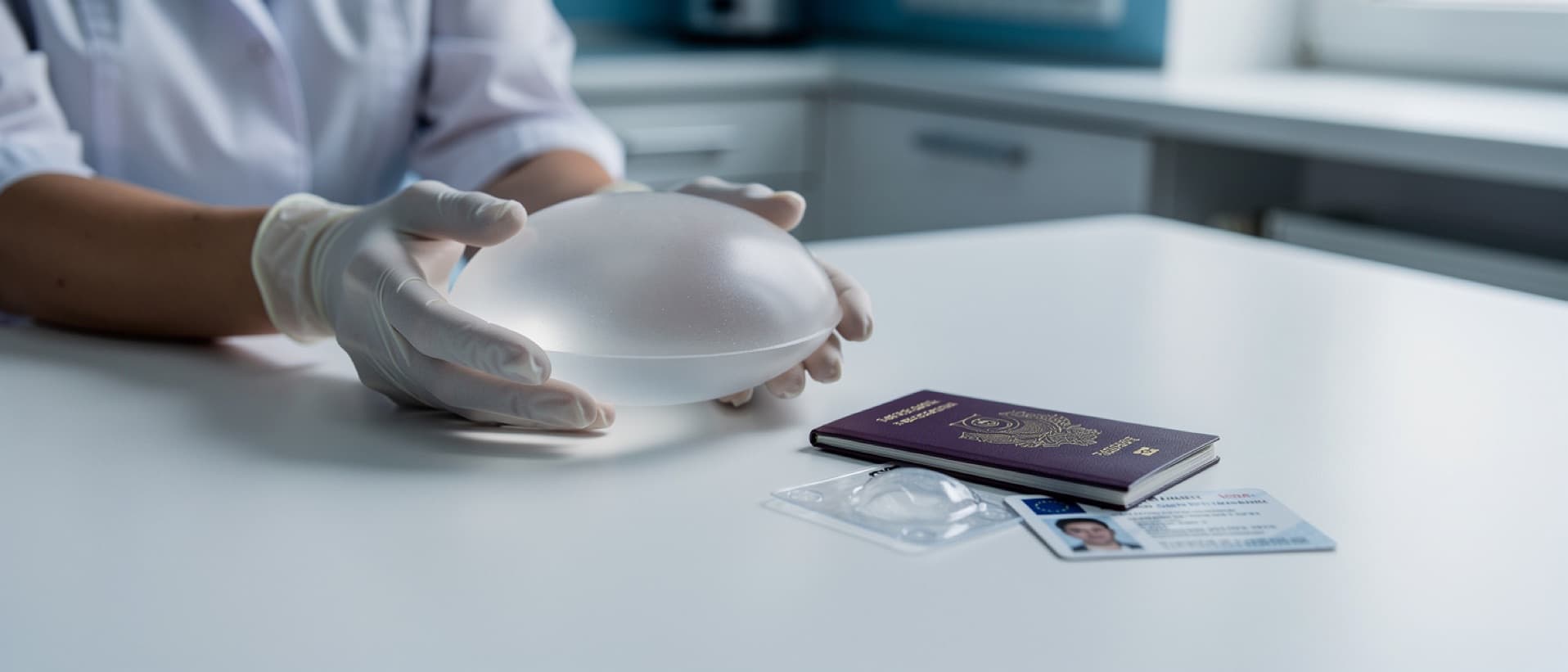 Surgeon holding a breast implant beside a passport and ID card, for breast augmentation cost and implant records