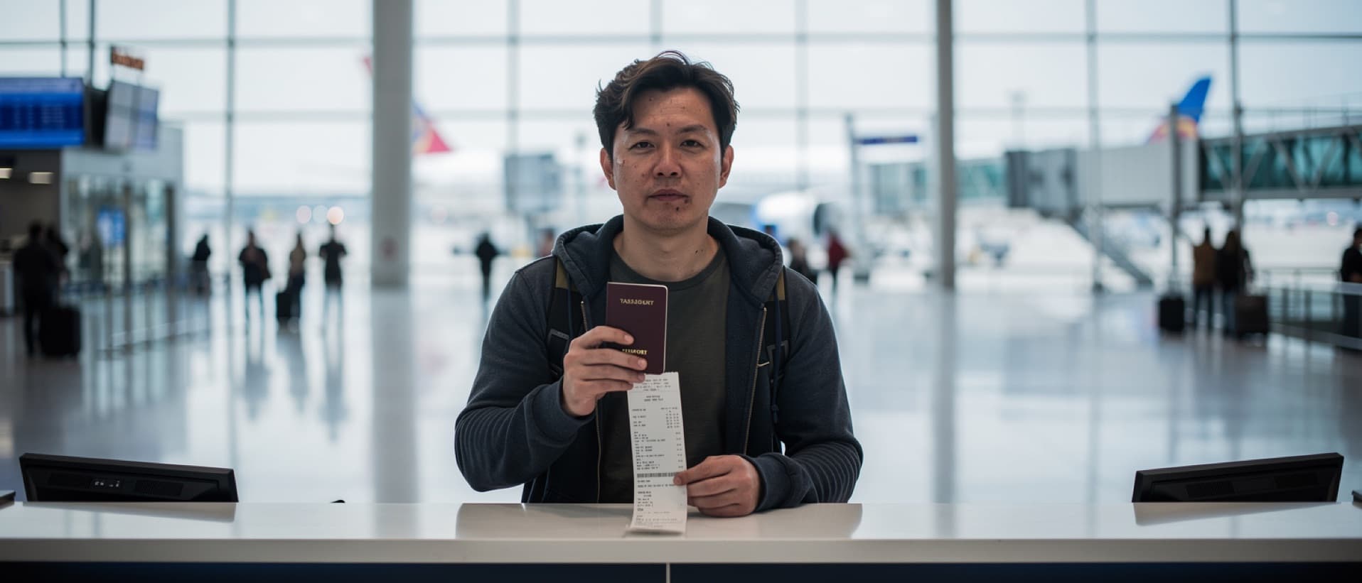 Traveller at an airport tax refund counter with a clinic receipt, for Korea's tax refund on cosmetic surgery