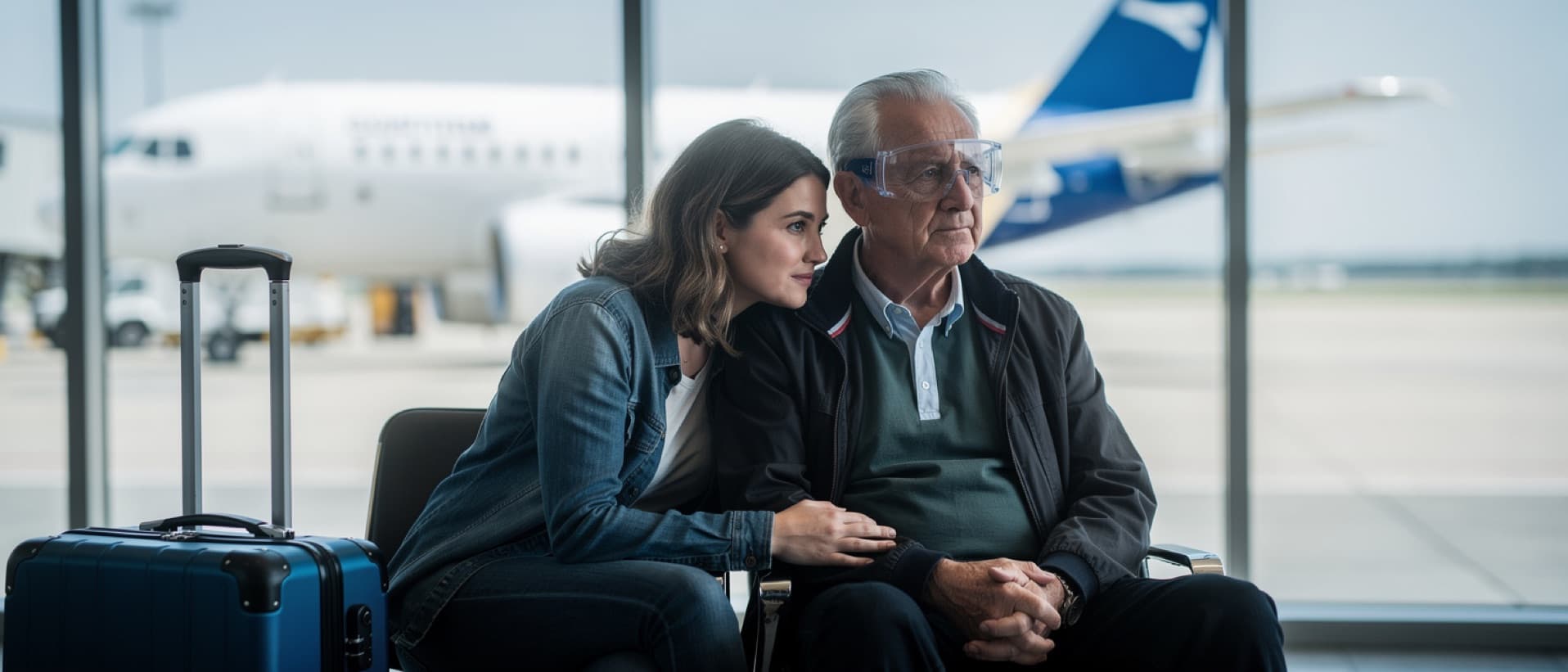Older man in protective glasses waiting at an airport gate, for cross-border healthcare refunds on cataract surgery abroad