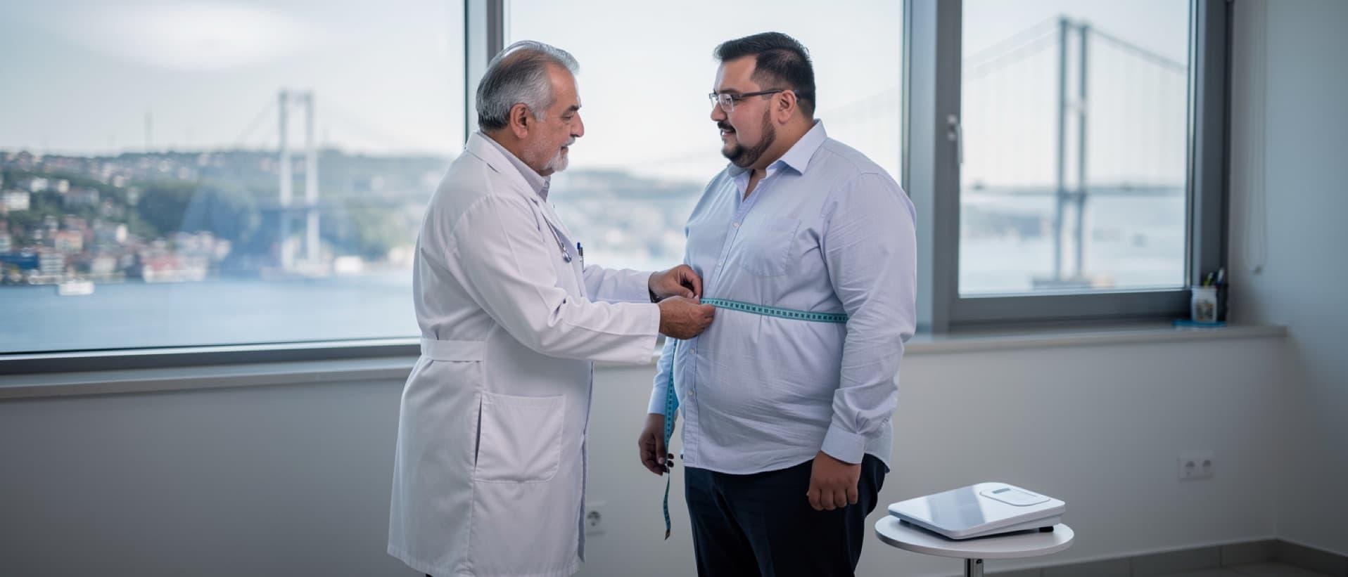 Doctor measuring a man's waist by a window over the Bosphorus, for weight loss surgery in Turkey