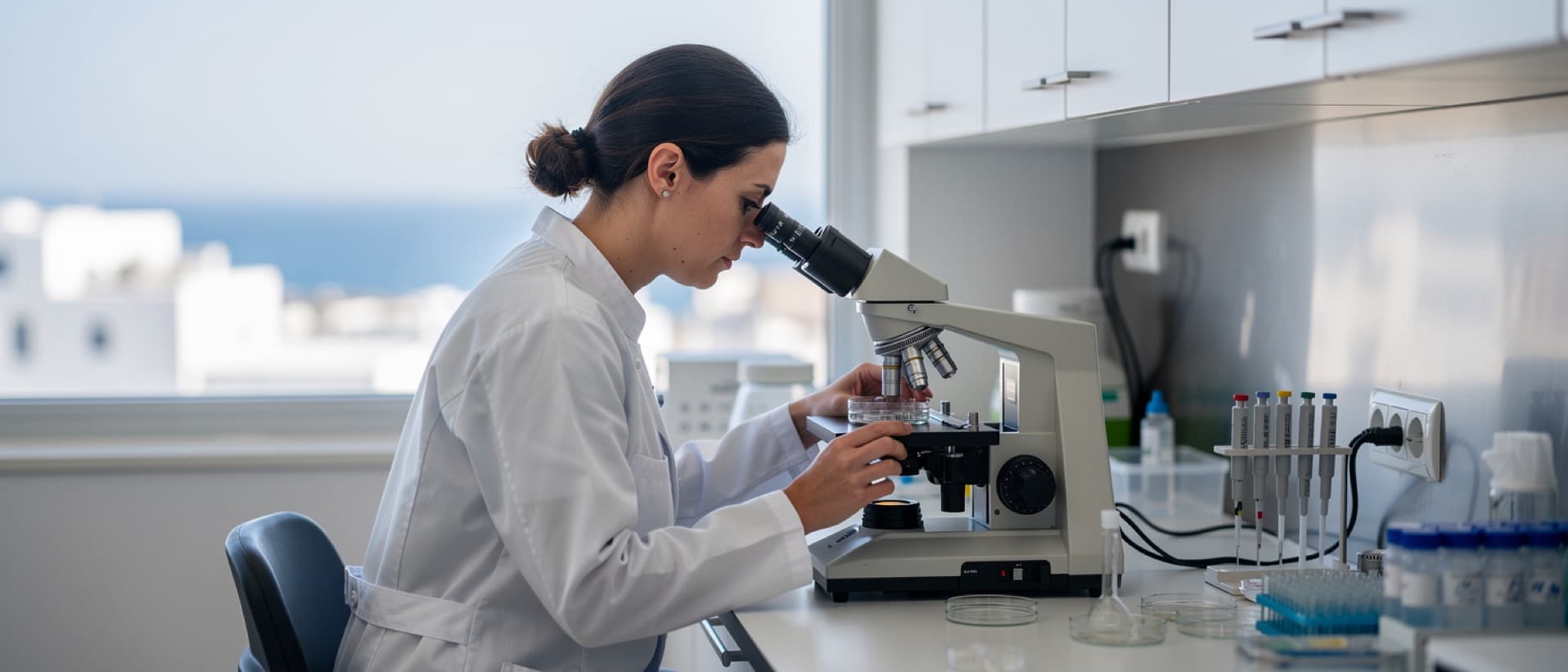Embryologist at a microscope in an IVF lab overlooking the sea, for IVF cost in Greece and Spain vs the US