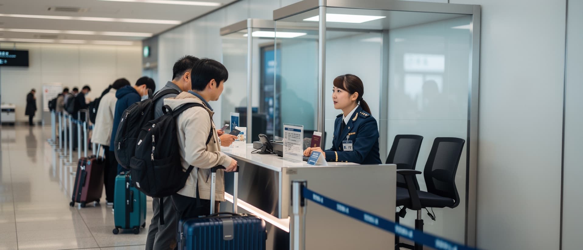Travellers queueing at Japanese airport immigration, for unpaid medical bills in Japan and re-entry