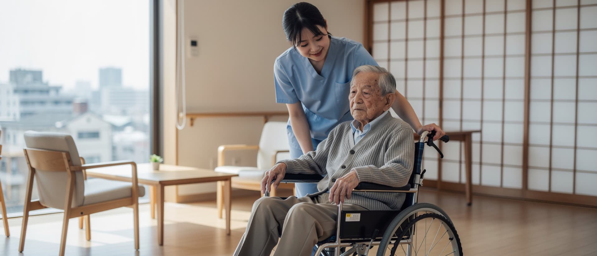 Caregiver helping an elderly man in a wheelchair at a Japanese care home, for long-term care insurance in Japan