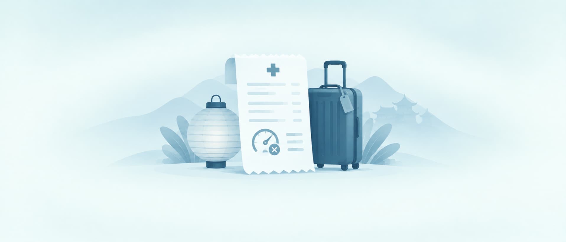 Hospital receipt with a multiplier dial beside a paper lantern and suitcase, for what a Tokyo doctor visit costs tourists
