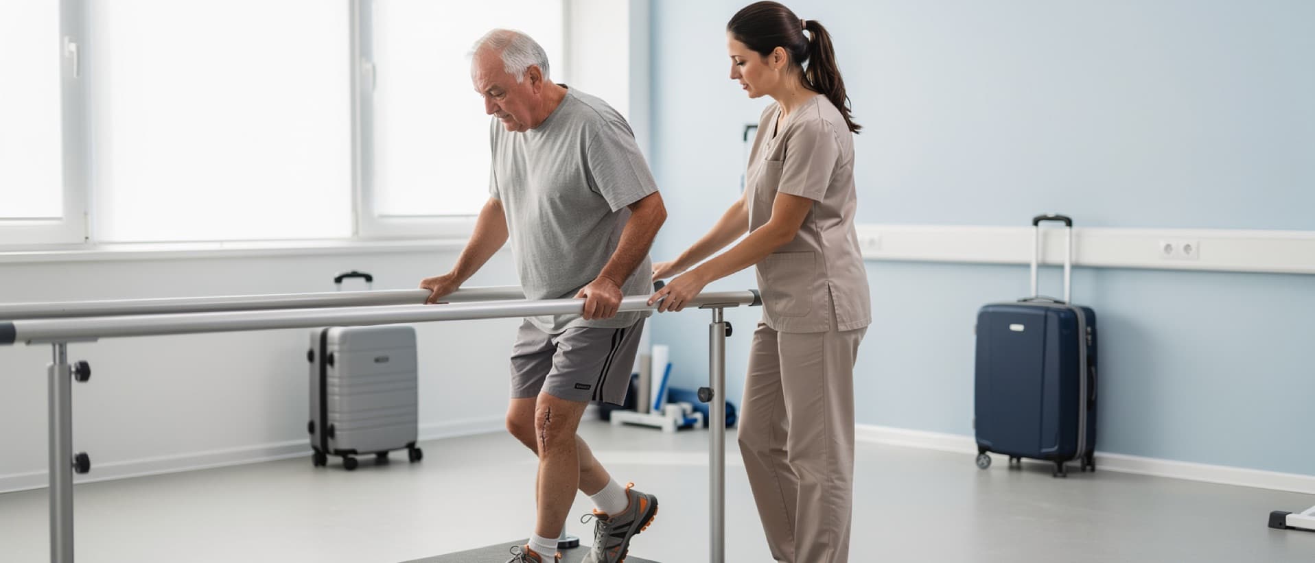 Older man walking between parallel bars with a physiotherapist, for physiotherapy after knee replacement abroad