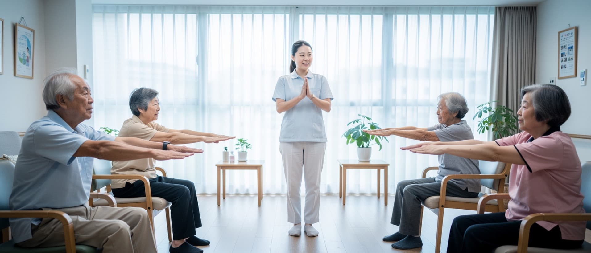 Older residents doing chair exercises with a care worker, a long term care insurance comparison of Japan and Korea