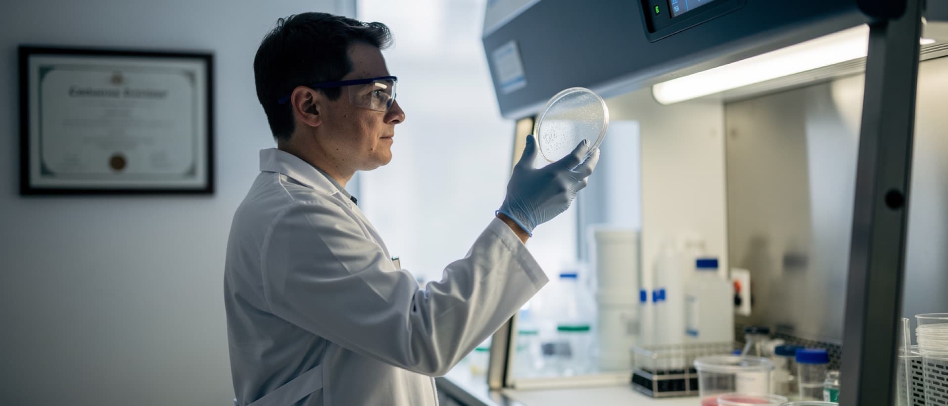 Lab technician holding a petri dish beside a culture hood, for checking stem cell therapy clinics in Mexico