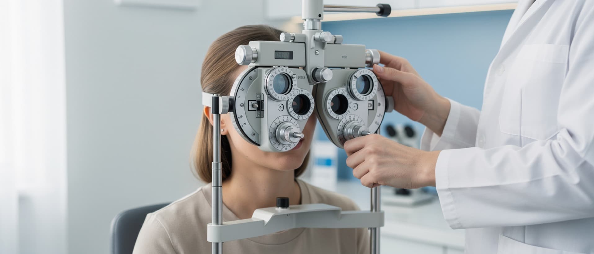 Woman looking through a phoropter during an eye exam, for comparing LASIK price per eye and for both eyes