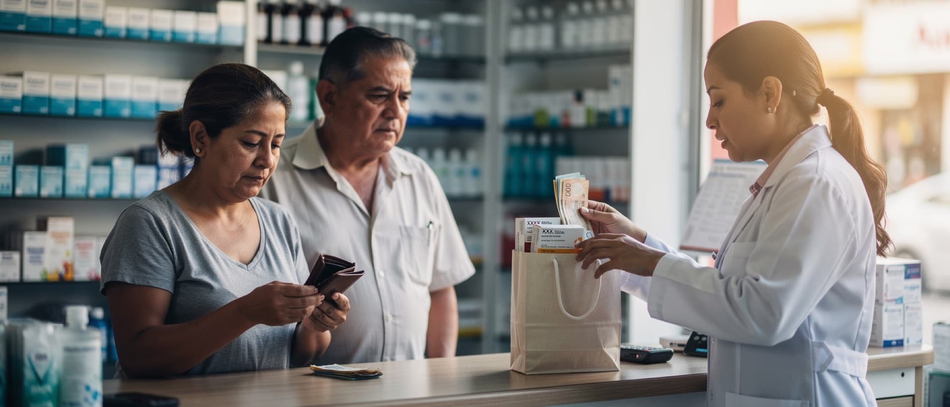 Couple paying cash at a pharmacy counter, the out of pocket health spending Latin America households carry