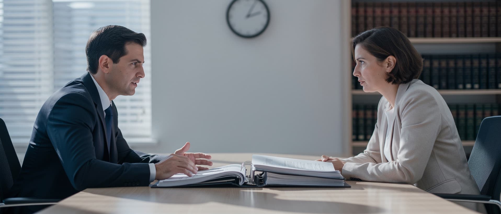 Lawyer and client reviewing a legal file beneath a wall clock, for medical malpractice filing deadlines abroad