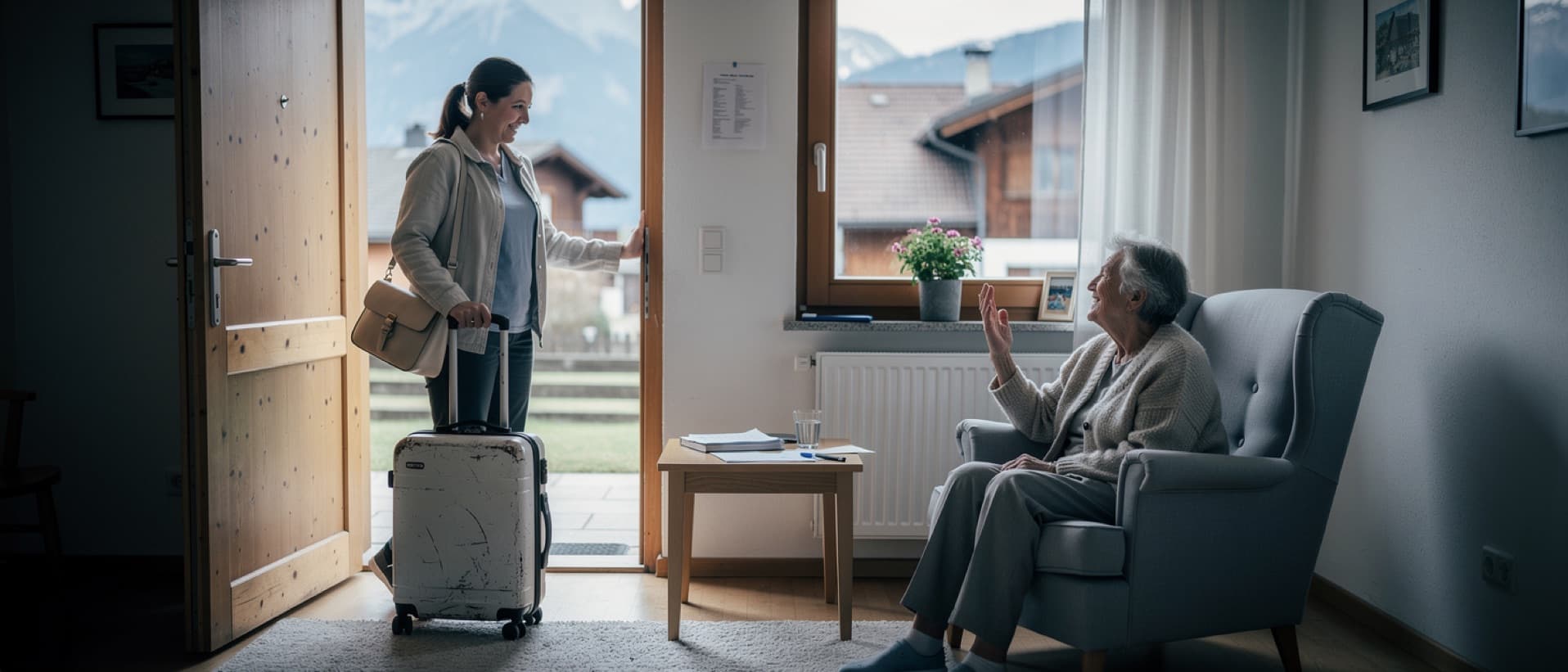 Live-in carer with a suitcase arriving at an older woman's home in Austria, for 24 hour care at home cost