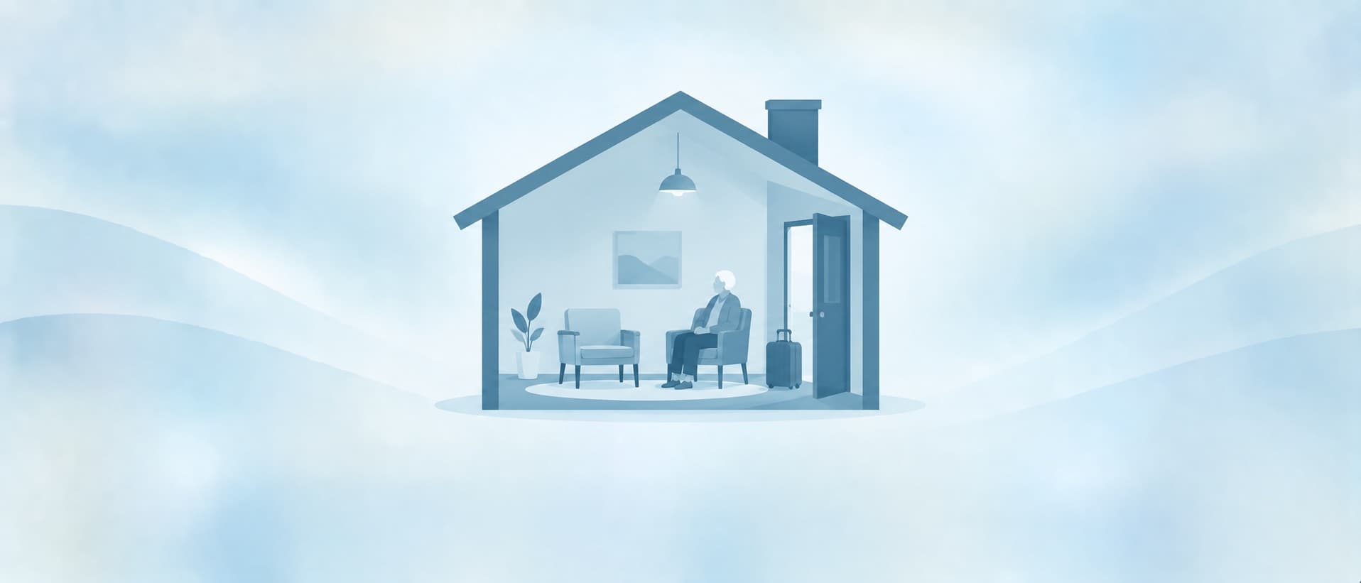 Older person in an armchair beside an empty chair and a carer's suitcase, for 24 hour care at home cost