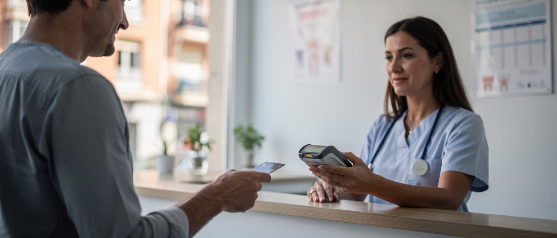 Patient paying by card at a dental clinic reception in Madrid, for dental care outside public coverage