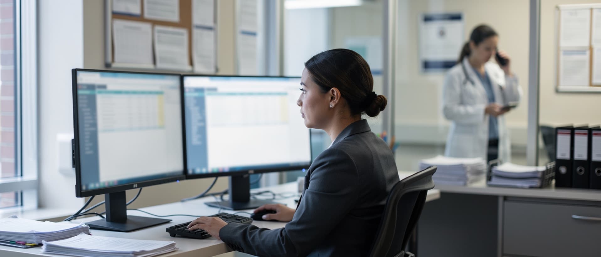 Billing specialist reviewing patient charts on two monitors, for AI upcoding and ambient scribe billing