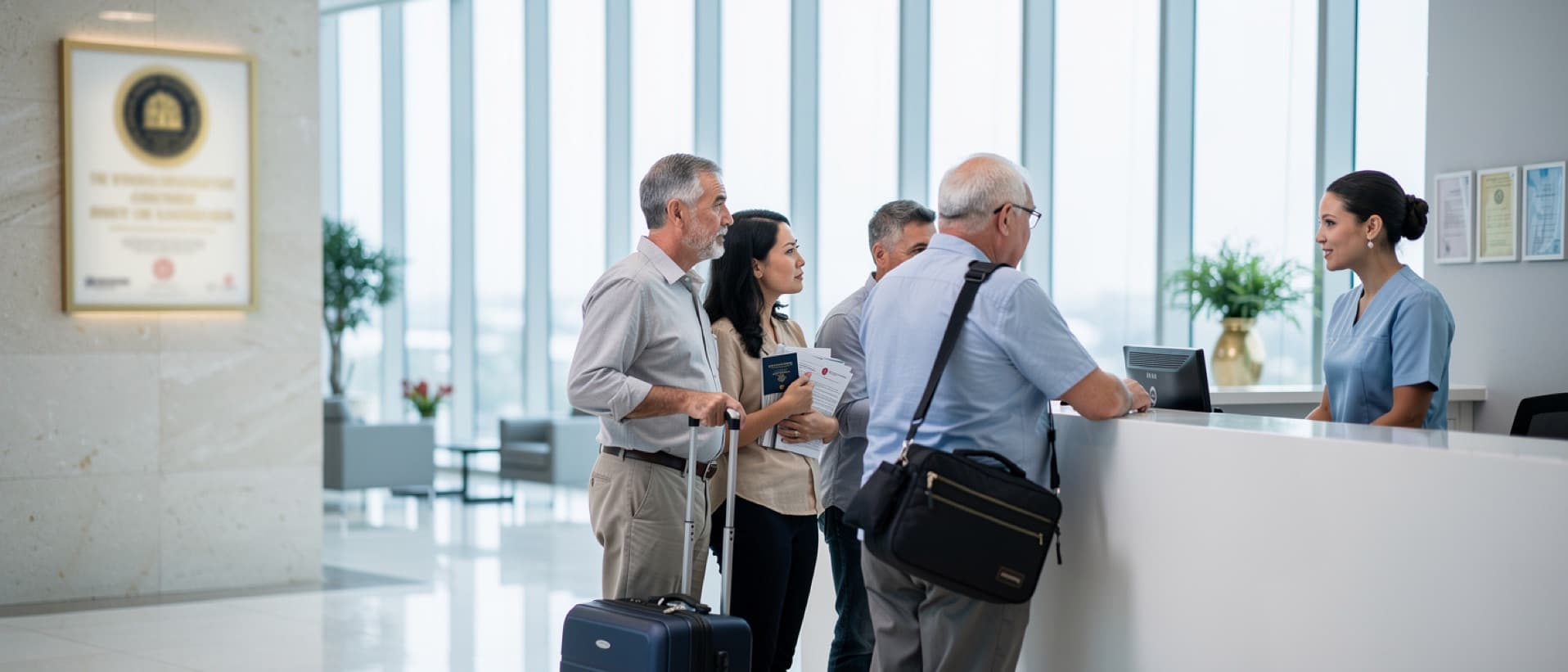 International patients with luggage at a hospital reception desk below an accreditation plaque, for JCI accredited hospitals
