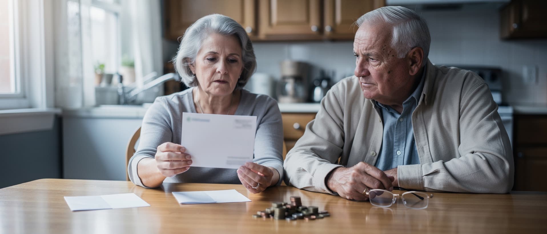 Older couple at a kitchen table reading a health-plan letter beside coins, for Medicare Advantage risk adjustment coding