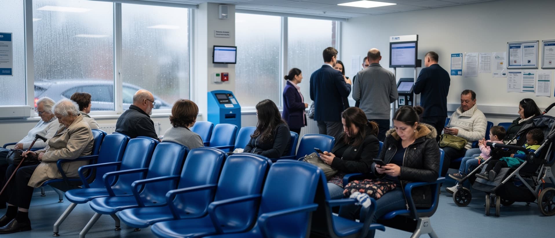 Patients waiting on blue chairs in a rainy NHS outpatient waiting room, for NHS waiting times in England