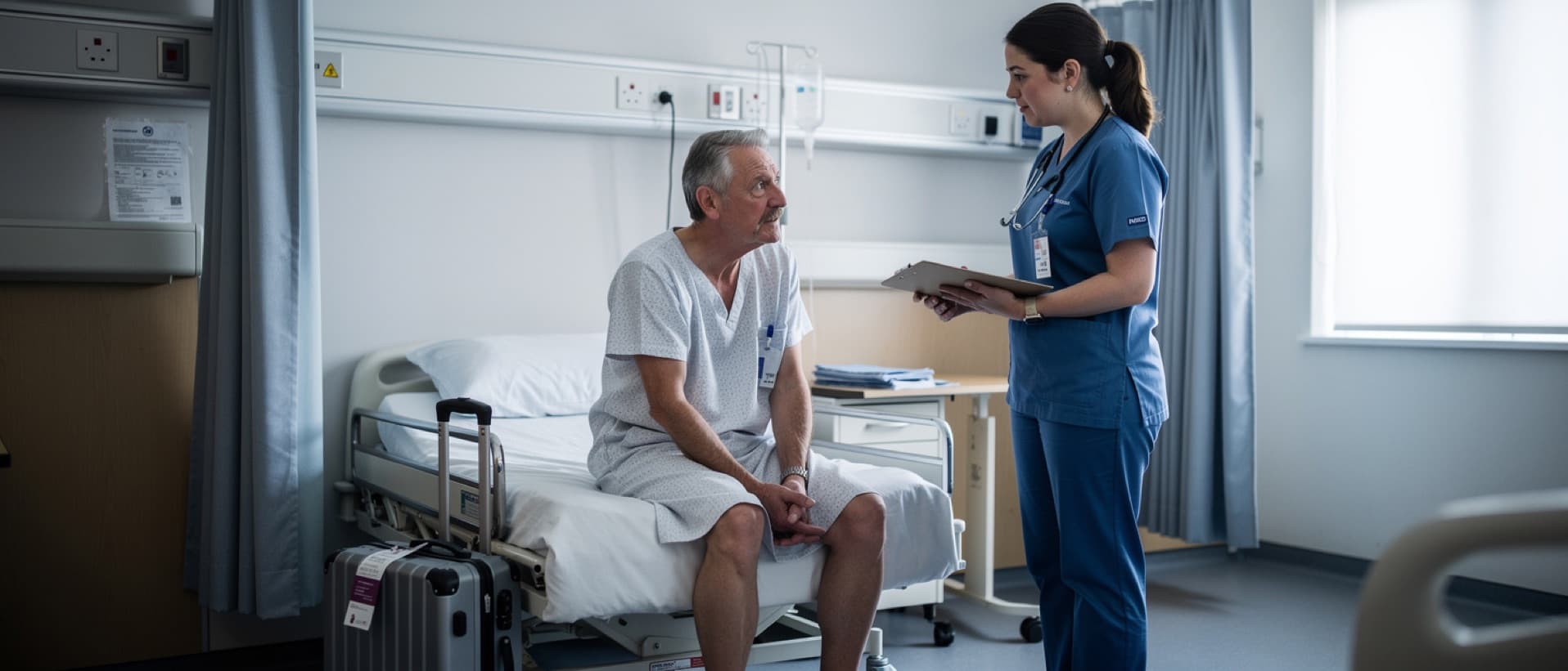 Patient back on an NHS ward with a travel suitcase by the bed, for gastric sleeve cost abroad against complication repairs