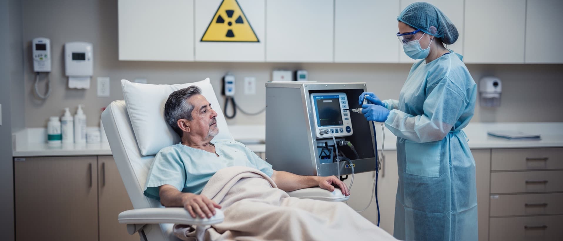 Patient in a nuclear medicine infusion room with a nurse, for PRRT and other treatments for neuroendocrine tumours