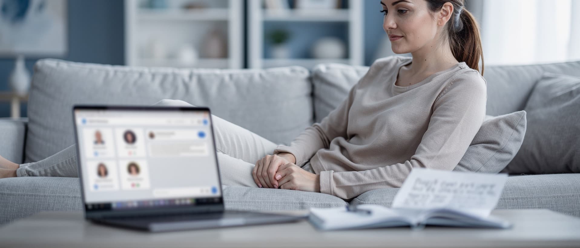 Woman comparing clinic profiles on a laptop with a chatbot open, for how Bookimed matches patients to clinics
