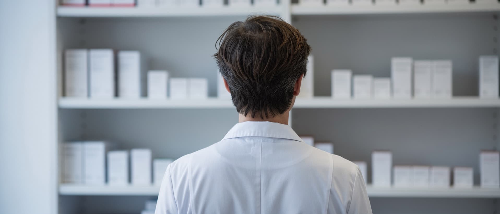 Pharmacist looking at gaps on a dispensary shelf, for Europe's antibiotic and drug shortages
