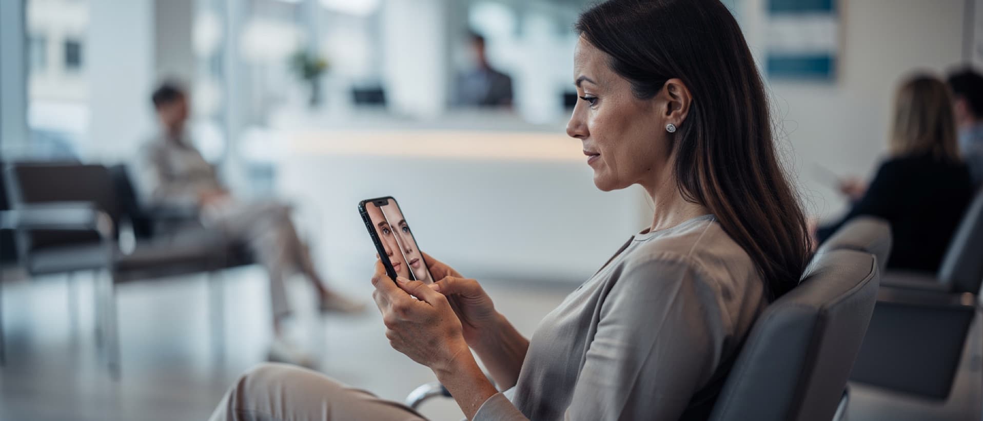 Woman viewing a before-and-after face photo on her phone, for AI-made before and after photos and reviews by clinics