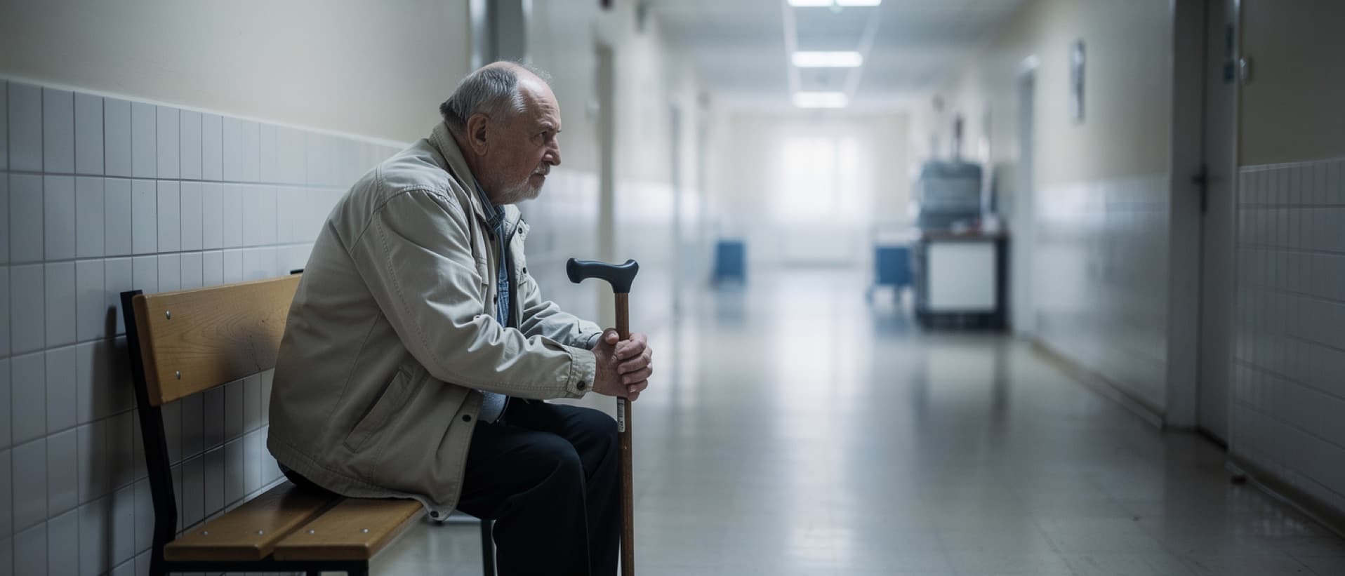 Older man with a walking stick waiting in a Polish hospital corridor, for surgery waiting times in Poland and Europe