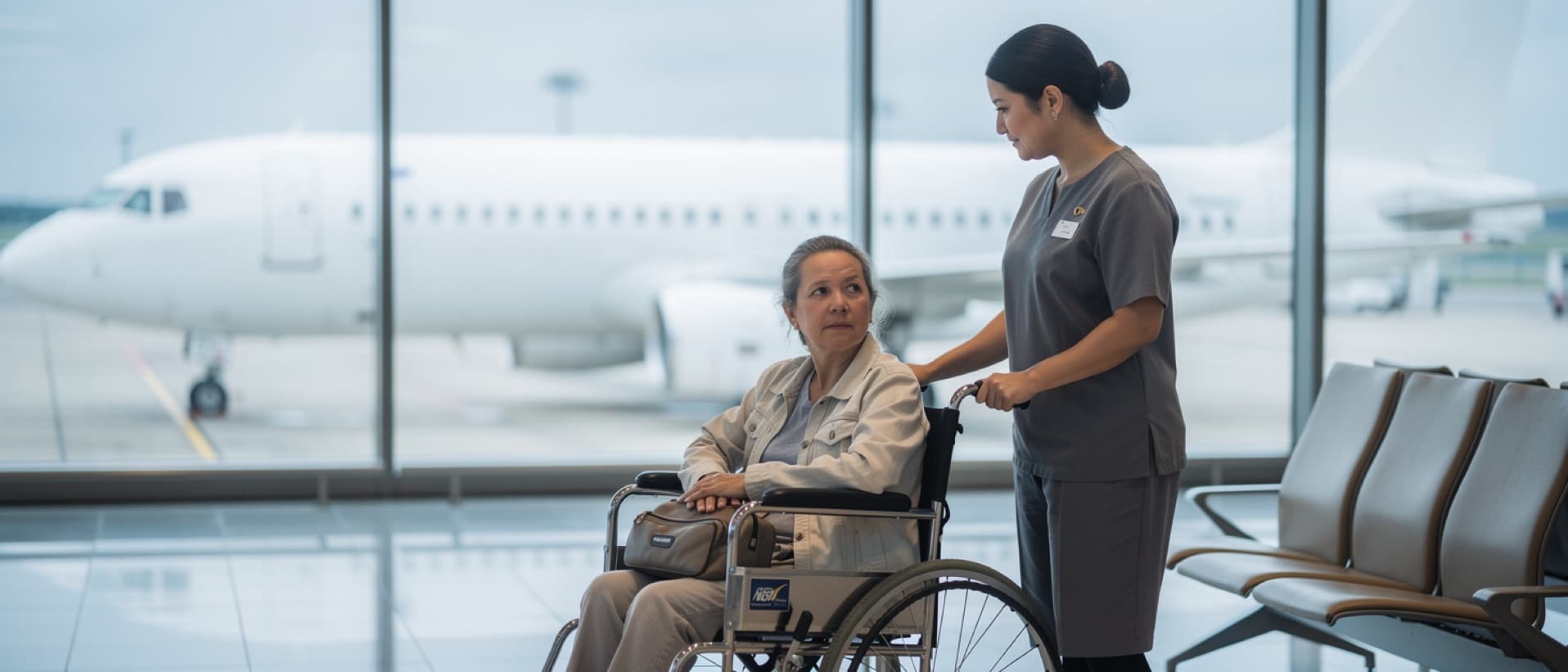 Recovering woman in an airport wheelchair at a boarding gate, for how long after surgery you can fly