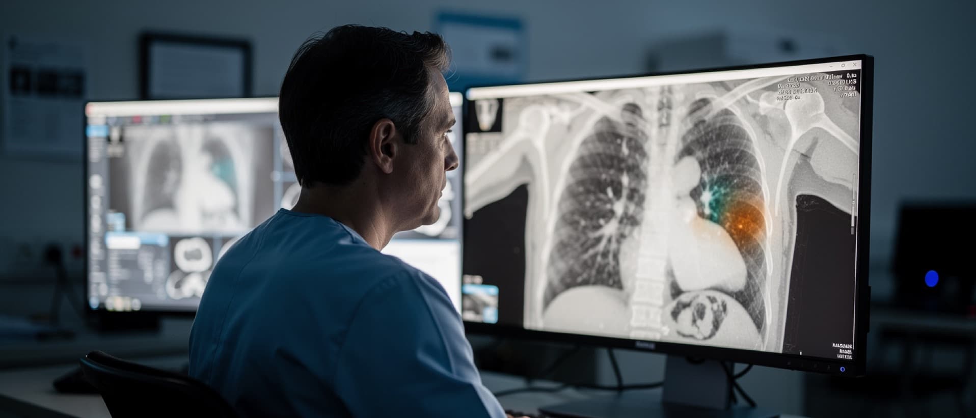 Radiologist reading a chest x-ray with an AI-highlighted area on screen, the kind of tool behind AI in healthcare regulation