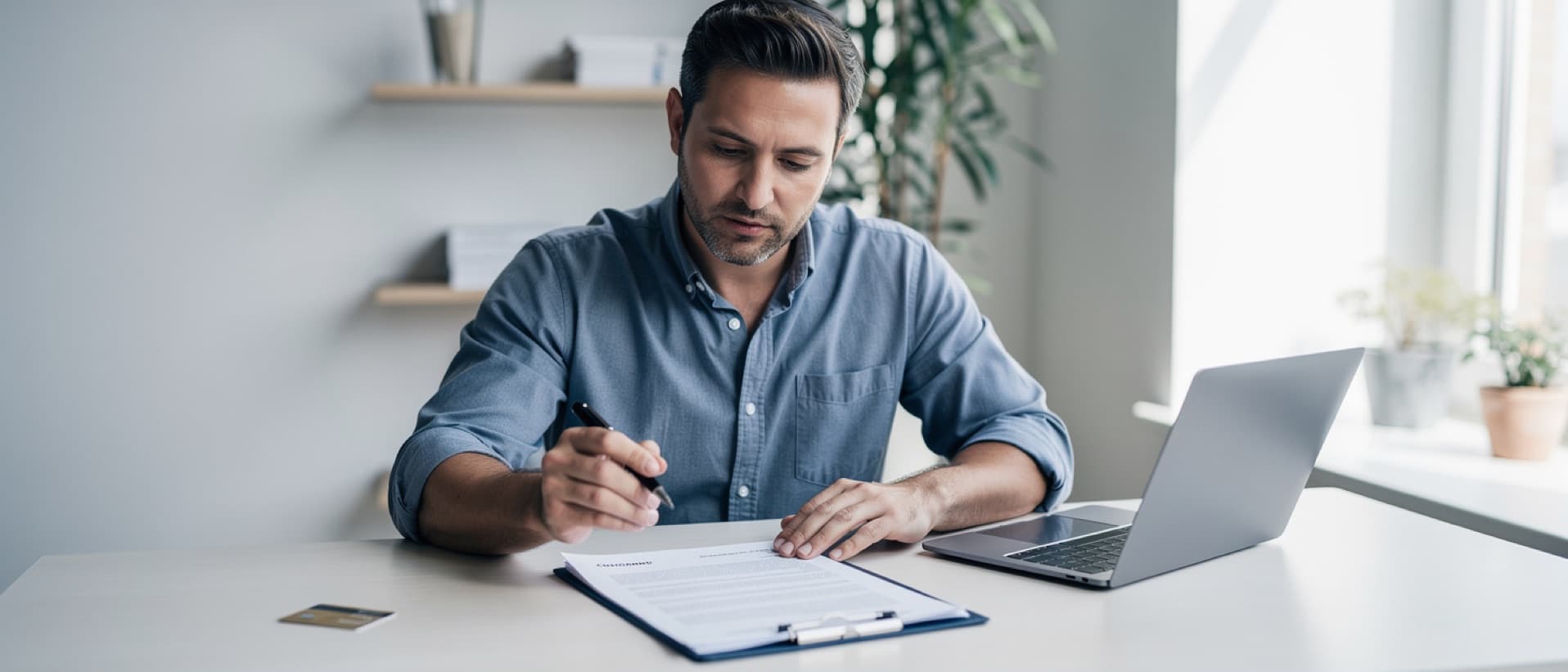 Man reading a clinic contract with a pen, bank card set aside, for a medical contract review before you pay