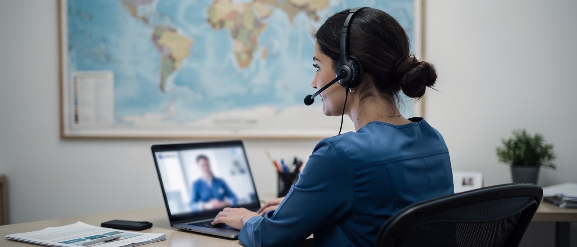 Coordinator with a headset on a video call from a home office, comparing medical tourism coordinator pay