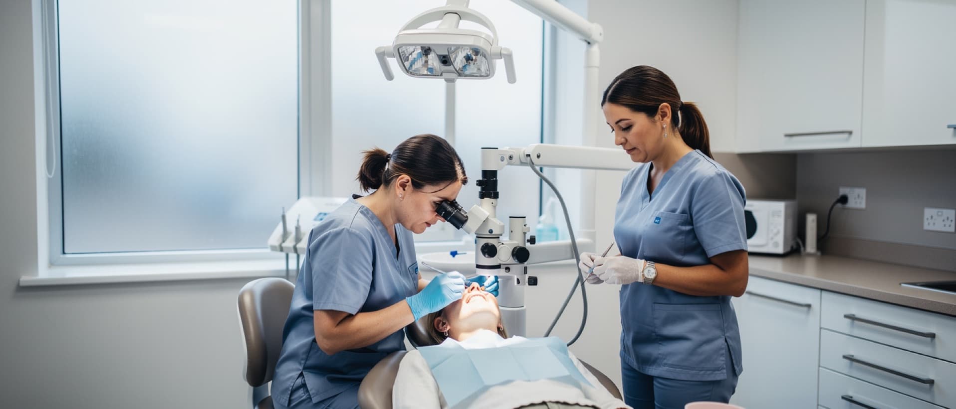 Dentist working through a dental microscope on a patient, for root canal price on the NHS, privately and abroad