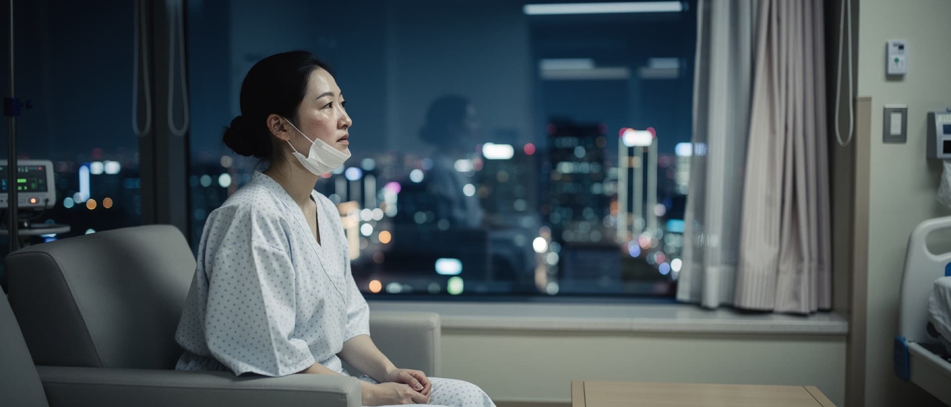 Foreign patient recovering by a window above Seoul at night, for plastic surgery risks for foreigners in Korea