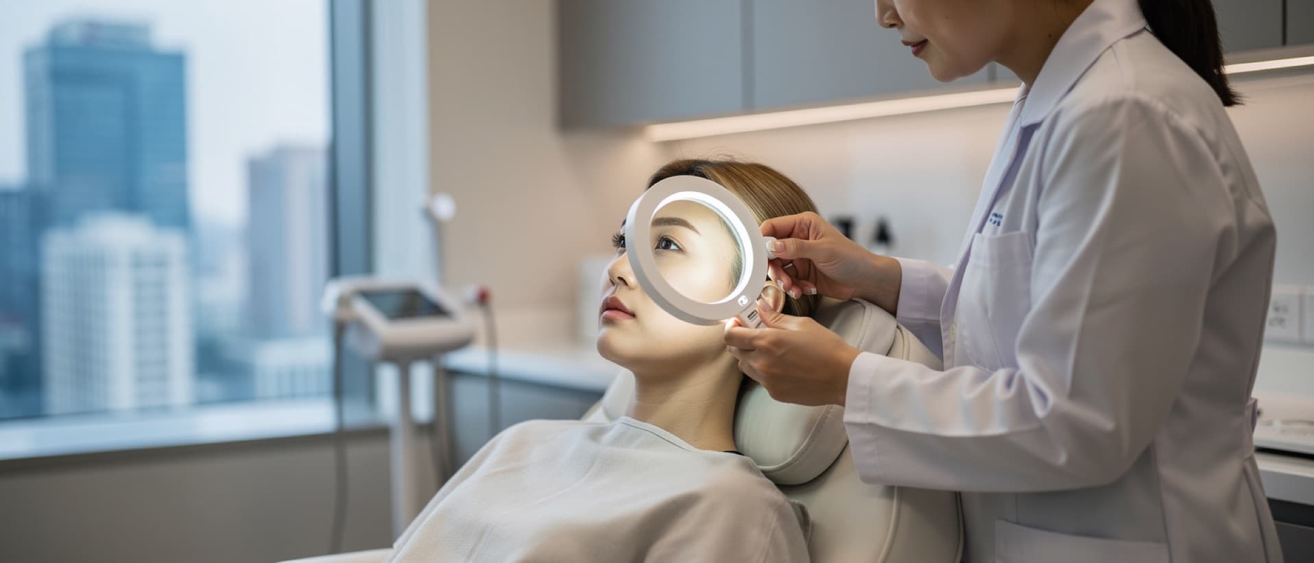 Dermatologist examining a foreign patient's skin in a Seoul clinic, for skin care and plastic surgery in Korea for foreigners