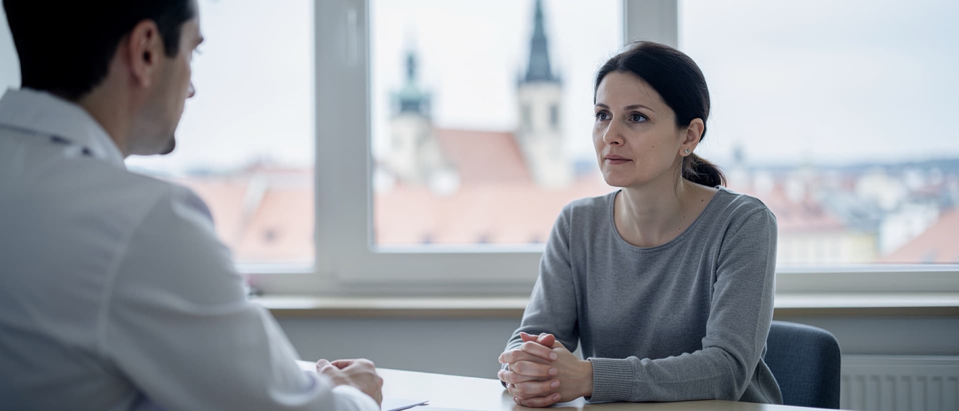 Woman alone in a fertility consultation in Prague, for IVF age limits and eligibility rules by country