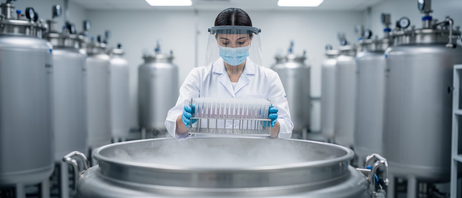 Technician lifting donor sperm samples from a liquid nitrogen tank at a sperm bank, where a sperm donation limit applies