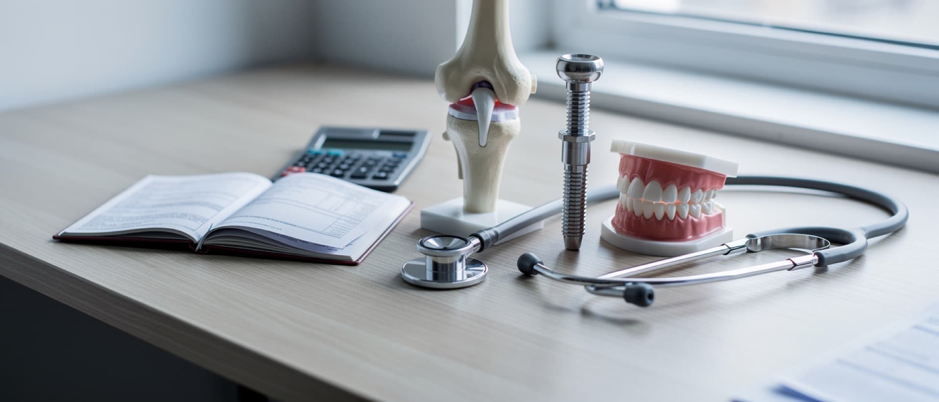 Knee joint model, dental implant, denture model and stethoscope on a desk, for knee replacement cost abroad vs the US
