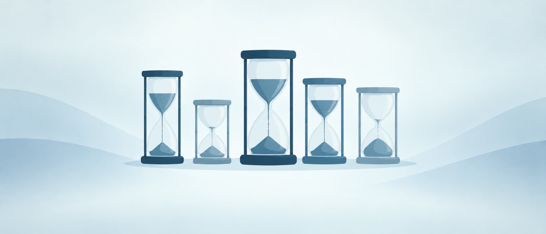 Five hourglasses of different sizes, for surgery waiting times in Poland, the NHS and Europe