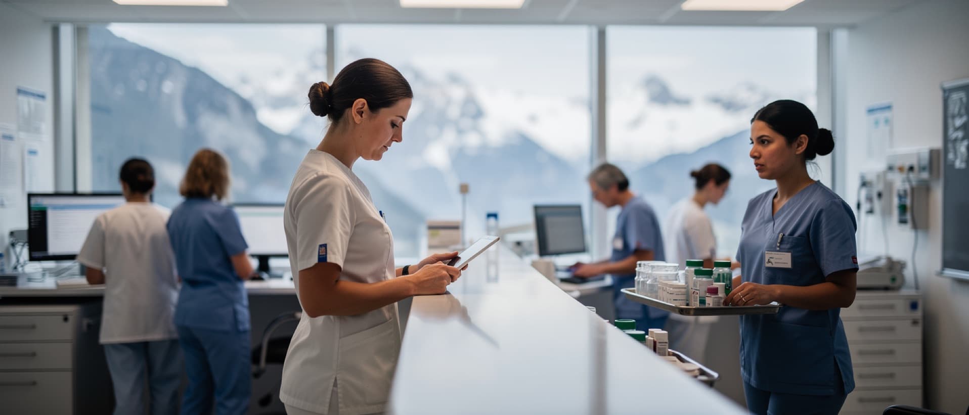 Nurses at a busy ward station in a Swiss hospital, for nurses per 1000 population by country vs pay
