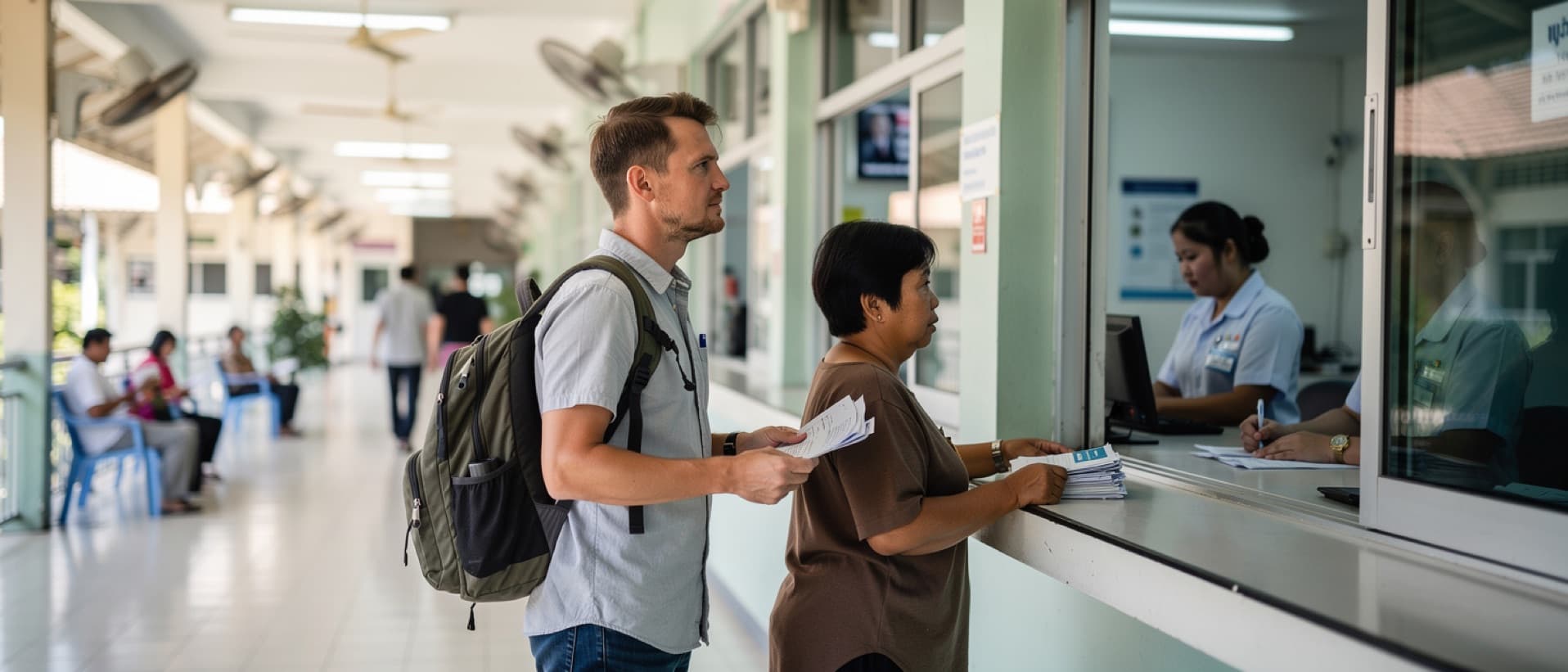 Tourist and Thai patient at side-by-side hospital cashier windows, for hospital prices for foreigners in Thailand