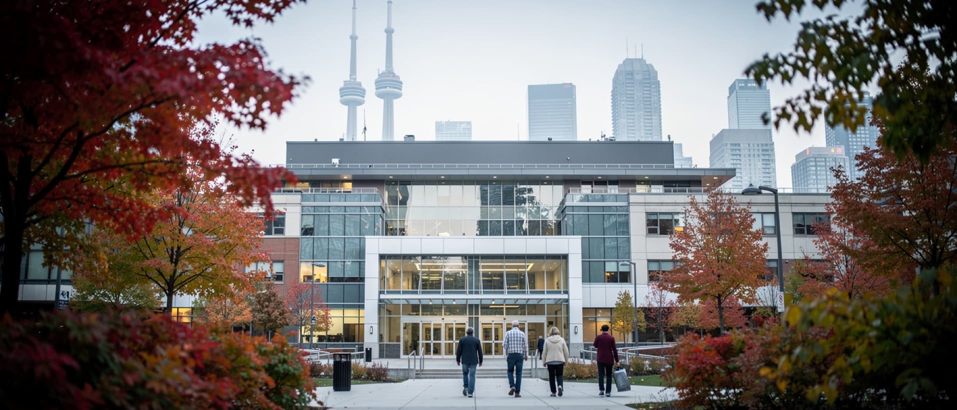 Toronto hospital among red maple trees below the city skyline, questioning Canada's medical tourism ranking