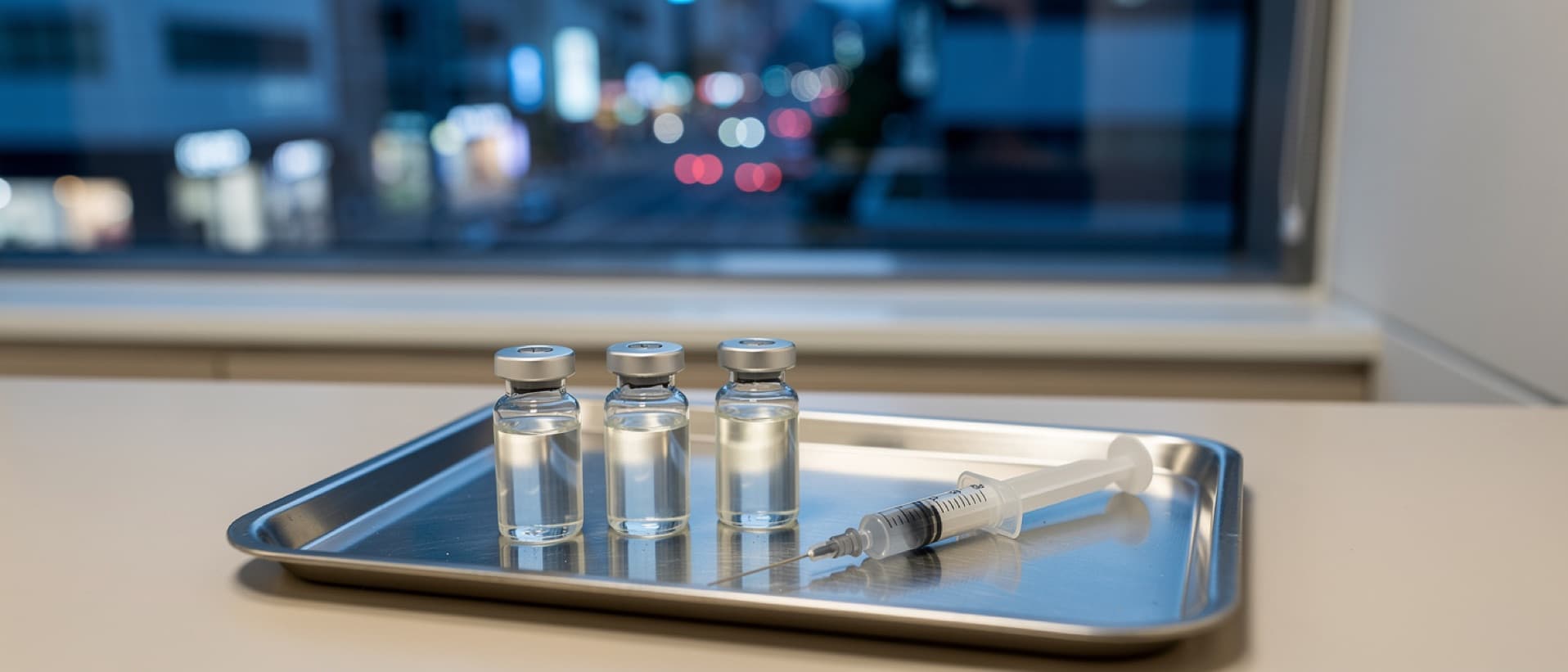 Three unlabelled toxin vials on a clinic tray, for Korean botox brands next to FDA-approved Jeuveau and Letybo