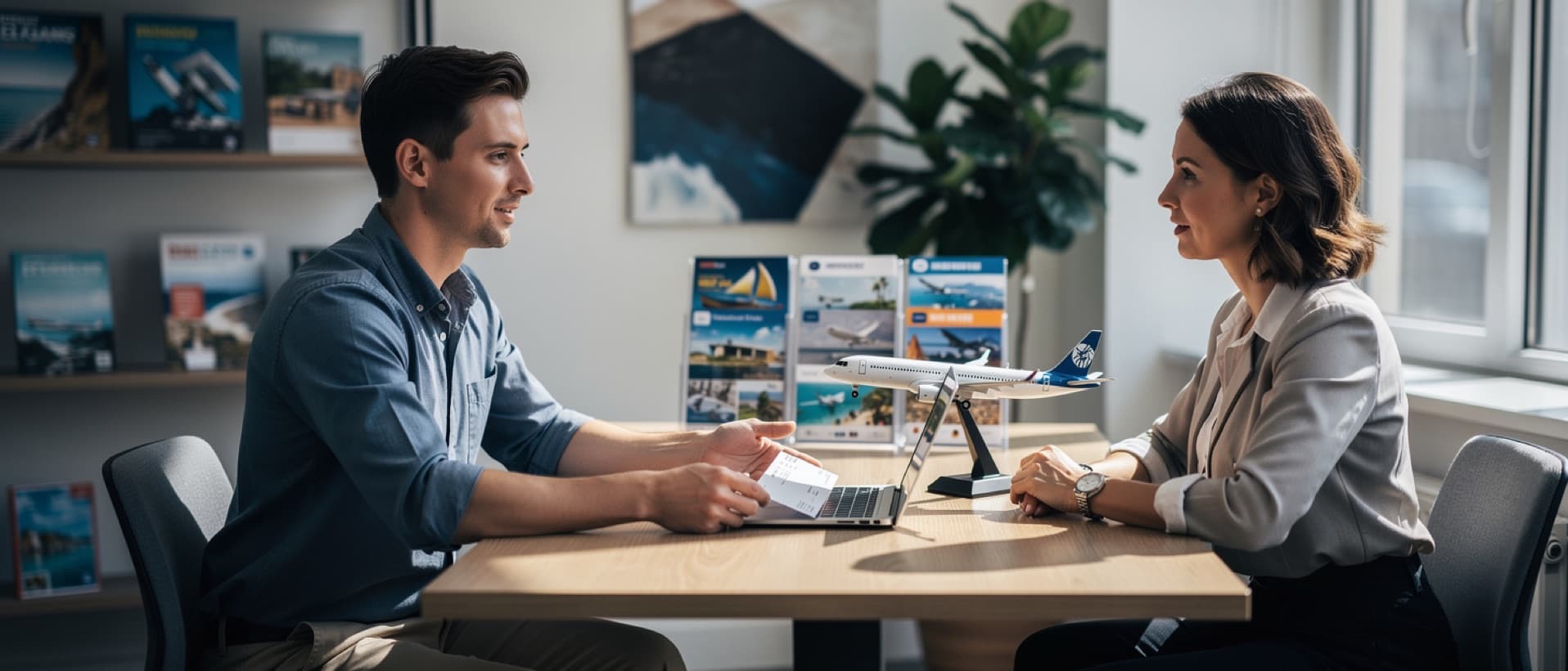 Travel agent sliding a quote to a client beside a model plane, for medical tourism affiliate commissions