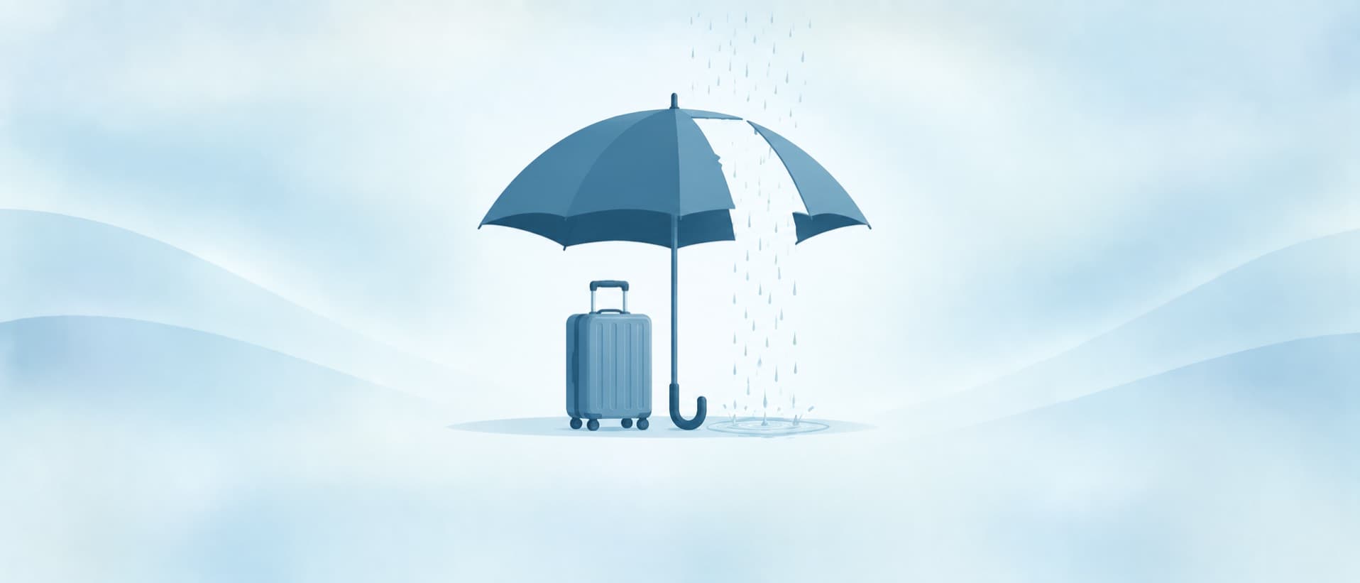 Umbrella with a missing panel letting rain onto a suitcase, for the gaps in clinic complication cover after surgery abroad