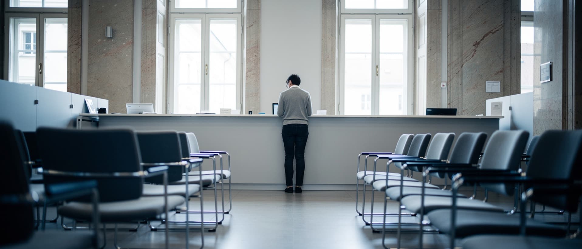 Nearly empty insurance office in Vienna with one person at the counter, for EU cross-border healthcare claims