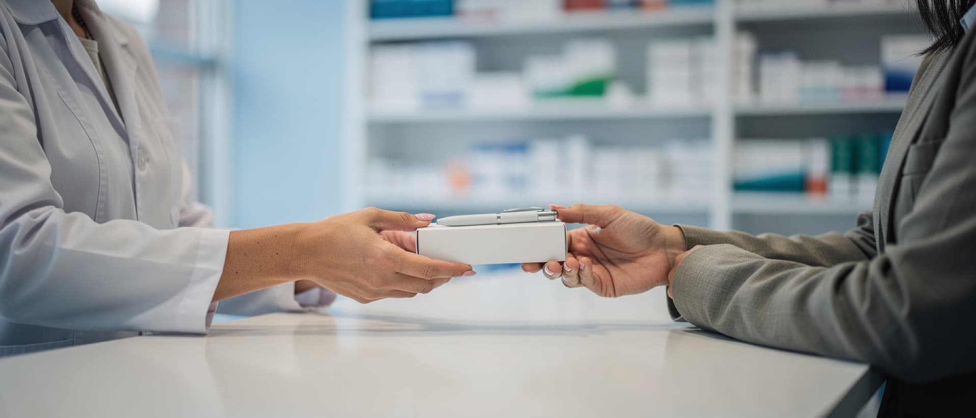 Pharmacist handing over a weight-loss injection pen, for Wegovy cost and which health systems pay for it