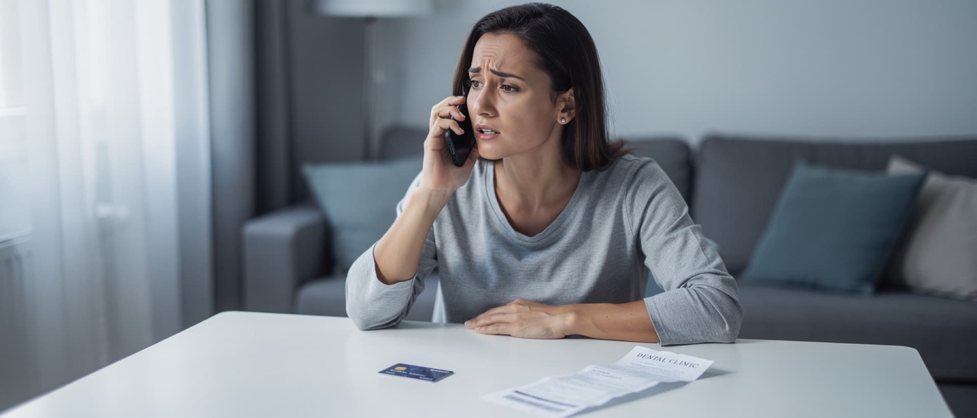 Woman phoning her bank with a clinic invoice and card on the table, for refunds after Turkey teeth go wrong