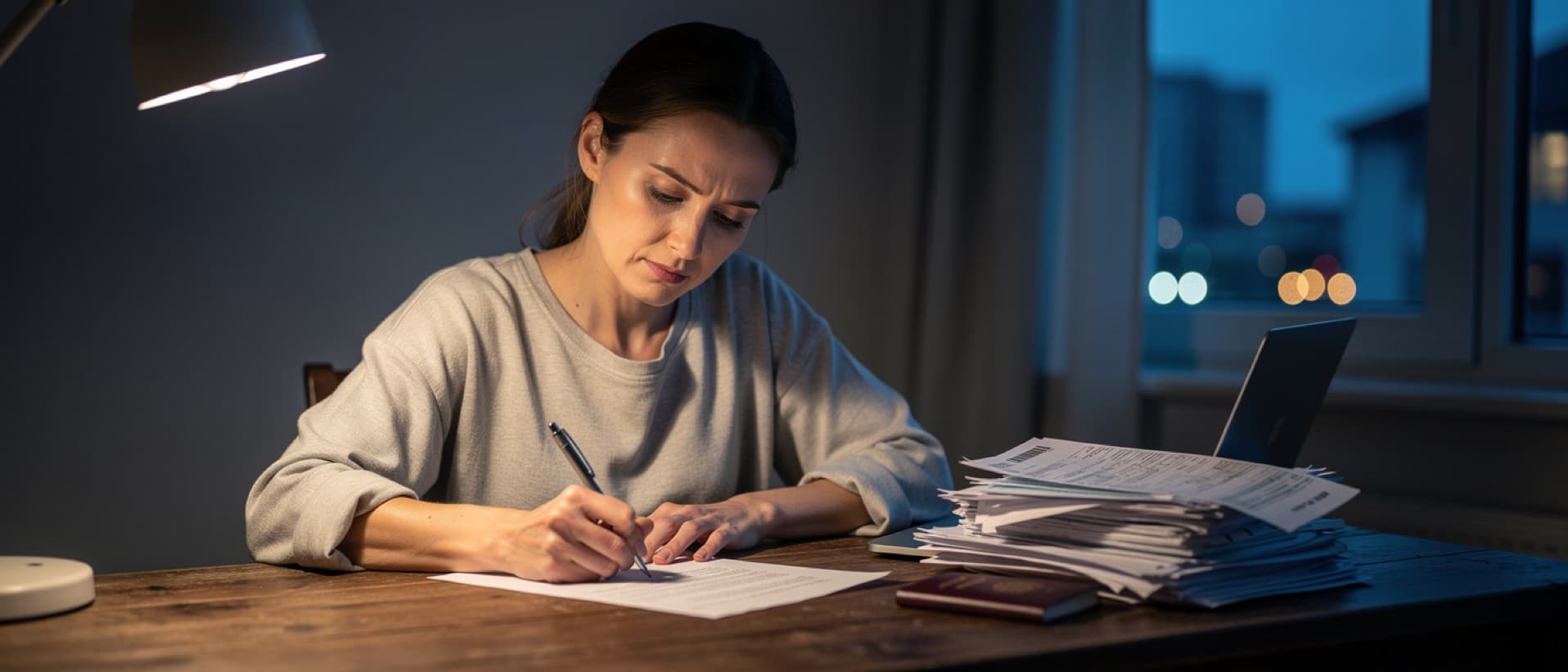 Woman writing a complaint letter beside clinic invoices, for how to complain about a clinic abroad
