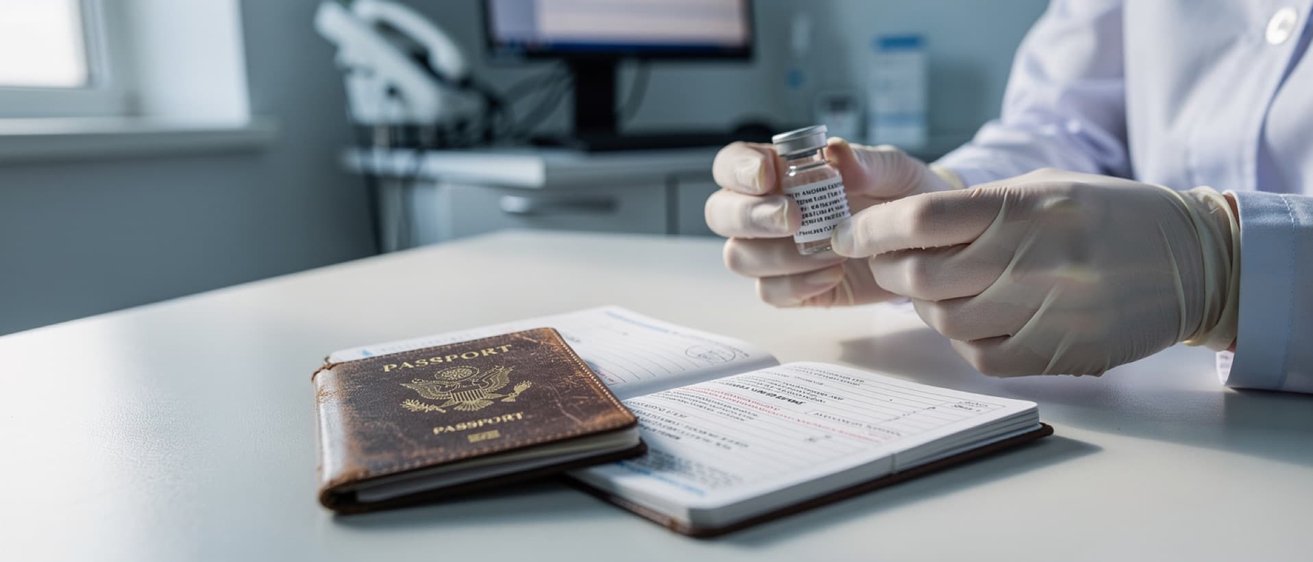 Passport and vaccination booklet with a vaccine vial, for yellow fever vaccine price and travel vaccines cost